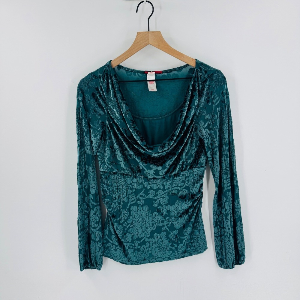 Vintage‎ Y2K Tapemeasure Teal Velvet Floral Burnout Cowl Neck Long Sleeve Top XS